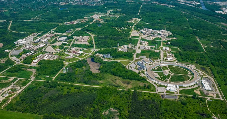 Managed by UChicago, Argonne includes three Department of Energy Office of Science user facilities: the Argonne Leadership Computing Facility, the Center for Nanoscale Materials, as well as the Advanced Photon Source. (Image courtesy of Argonne)